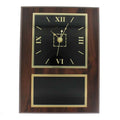 9 X 12 INCH WALNUT FINISH PLAQUE WITH CLOCK AND BLACK SCREENED PLATE