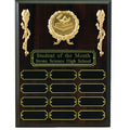 9 X 12 PERPETUAL WALNUT PLAQUE WITH 12 BLACK PLATES, TAKES 2 INCH MEDALLION INSERT