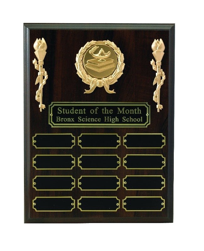 9 X 12 PERPETUAL WALNUT PLAQUE WITH 12 BLACK PLATES, TAKES 2 INCH MEDALLION INSERT