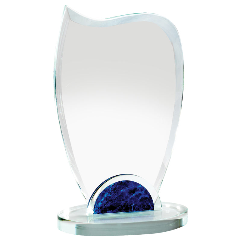 9 x 5-1/2 INCH OPTICAL CRYSTAL WAVE AWARD WITH BLUE MARBLEIZED BASE