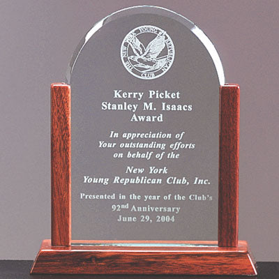9 X 7-1/4 INCH ARCH AWARD JADE GLASS, WOOD FRAME