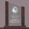 9 X 7-1/4 INCH PINNACLE AWARD JADE GLASS, WOOD