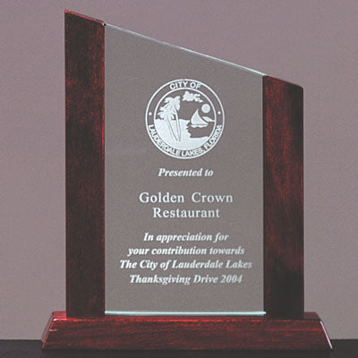 9 X 7-1/4 INCH PINNACLE AWARD JADE GLASS, WOOD