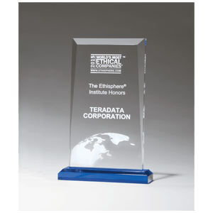 Clear Acrylic Award with Blue Highlights and Blue 5" x 7 3/4" Apex Series Base