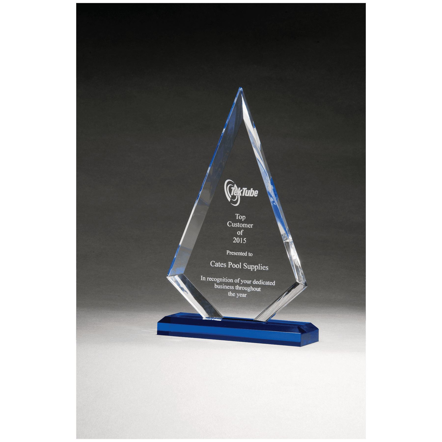 6" x 9 1/2" Arrow Series Clear Acrylic with Blue Highlights and Blue Base