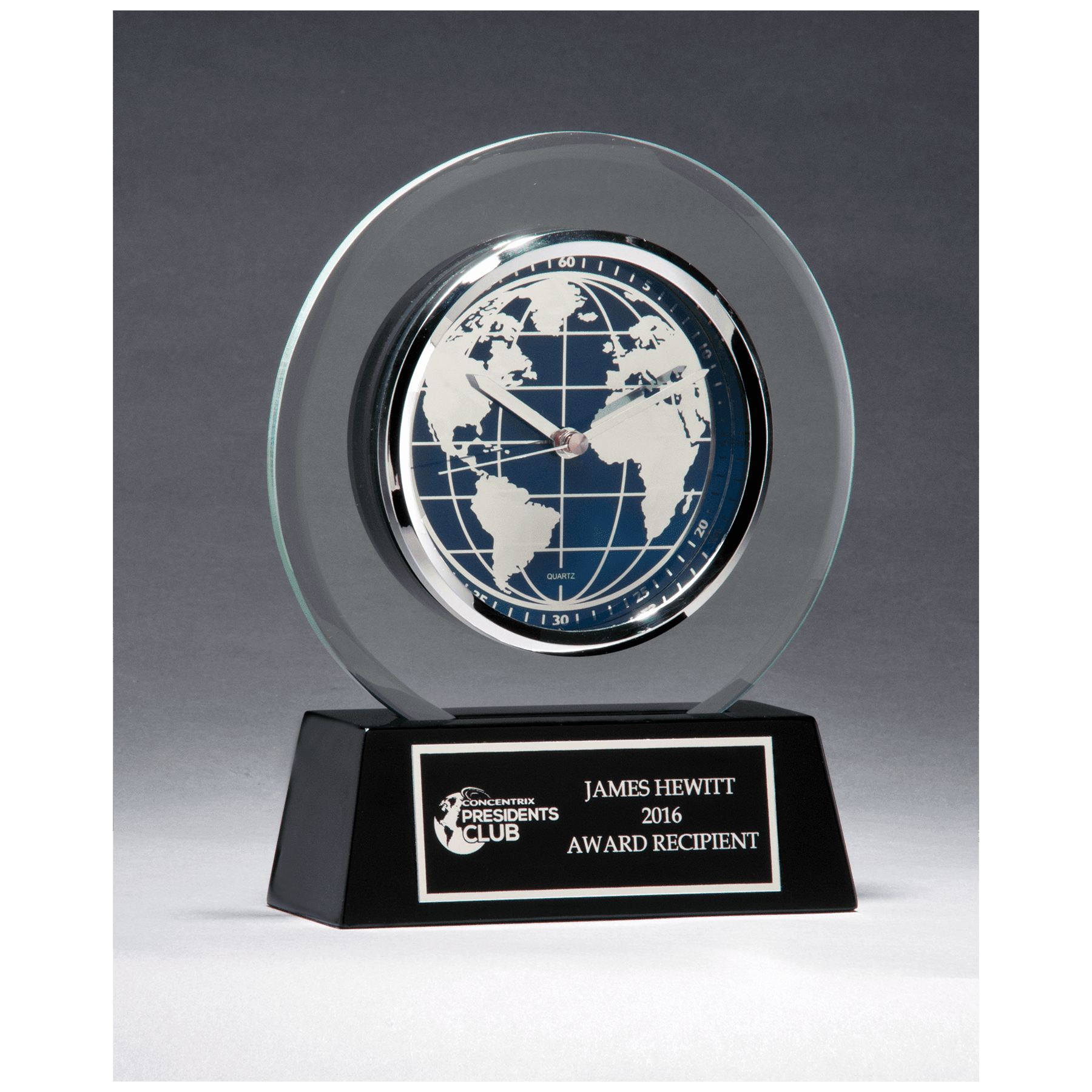 7 1/4" x 8 3/4" Glass Clock with World Dial on Black High Gloss Base, Black Plate