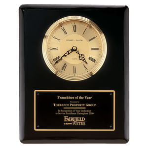 Black Piano Finish Clock, Waterfall Bezel with Glass Lens, Gold 10 1/2" x 13" Dial, Plate