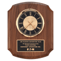 10 1/2" x 13" Walnut Quartz Clock, Brass Diamond Spun Bezel, Glass Lens, Black & Gold Dial