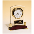 6 x 7 3/4" Beveled Glass Desk Clock, Rosewood Piano Finish Base, Gold MetalAccent with Black Plate