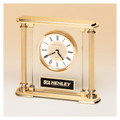 6 5/8" x 7 1/4" Glass Upright with Feet & Top, Metal Goldtone Columns, Diamond Spun Dial, 3 Hands with Black Plate