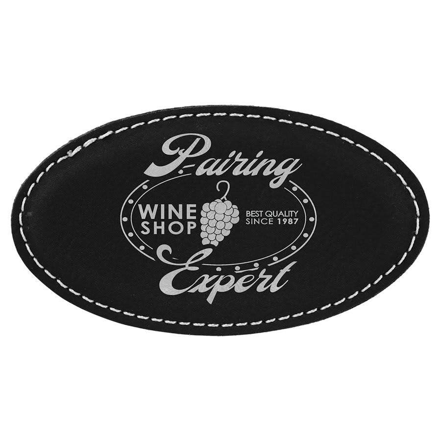 Black/Silver 3 1/4" x 1 3/4" Laserable Leatherette Oval Badge Blank with Magnet