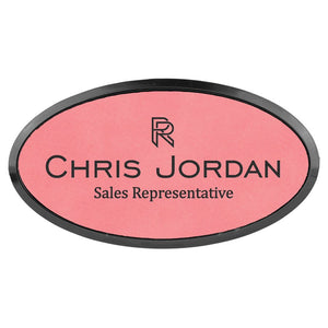Pink 3" x 1 1/2" Laserable Leatherette Oval Badge & Frame