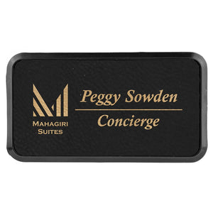 Black/Gold 3" x 1 1/2" Laserable Leatherette Round Corner Badge & Frame