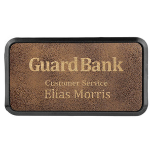 Rustic/Gold 3" x 1 1/2" Laserable Leatherette Round Corner Badge & Frame