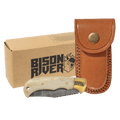 Bison River 3 3/4" Bone Folding Knife with Damascus Steel Blade and Leather Sheath