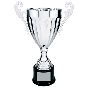 Silver 2 14 1/2" Completed Metal Cup Trophy on Plastic Base