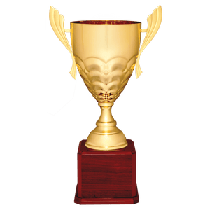 Gold Completed Metal Cup Trophy on Rosewood Royal 21" Piano Finish Base