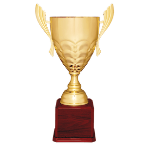 Gold Completed Metal Cup Trophy on Rosewood Royal 25 1/4" Piano Finish Base