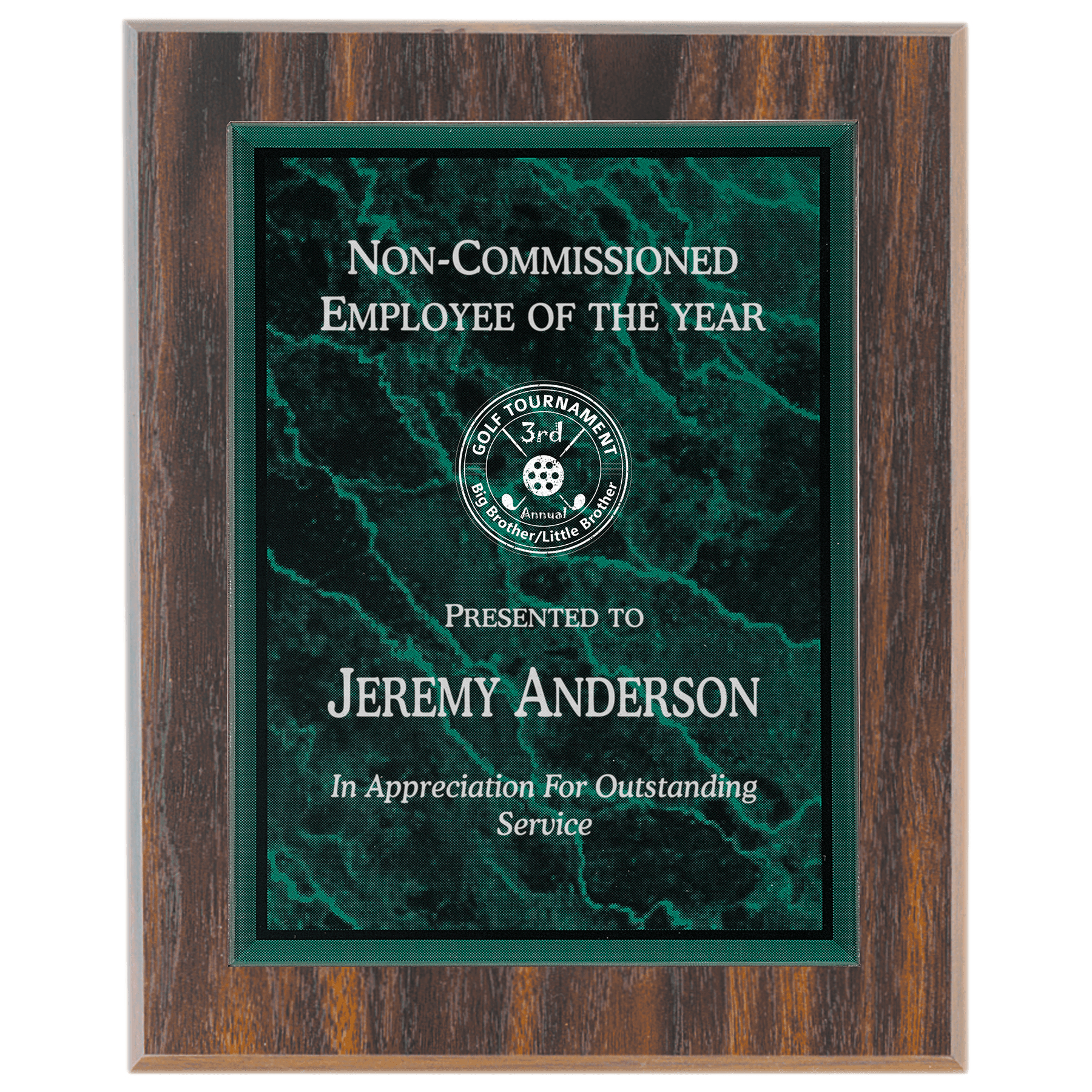 Medium Walnut Finish Plaque with Green Marble Acrylic Plaque Plate