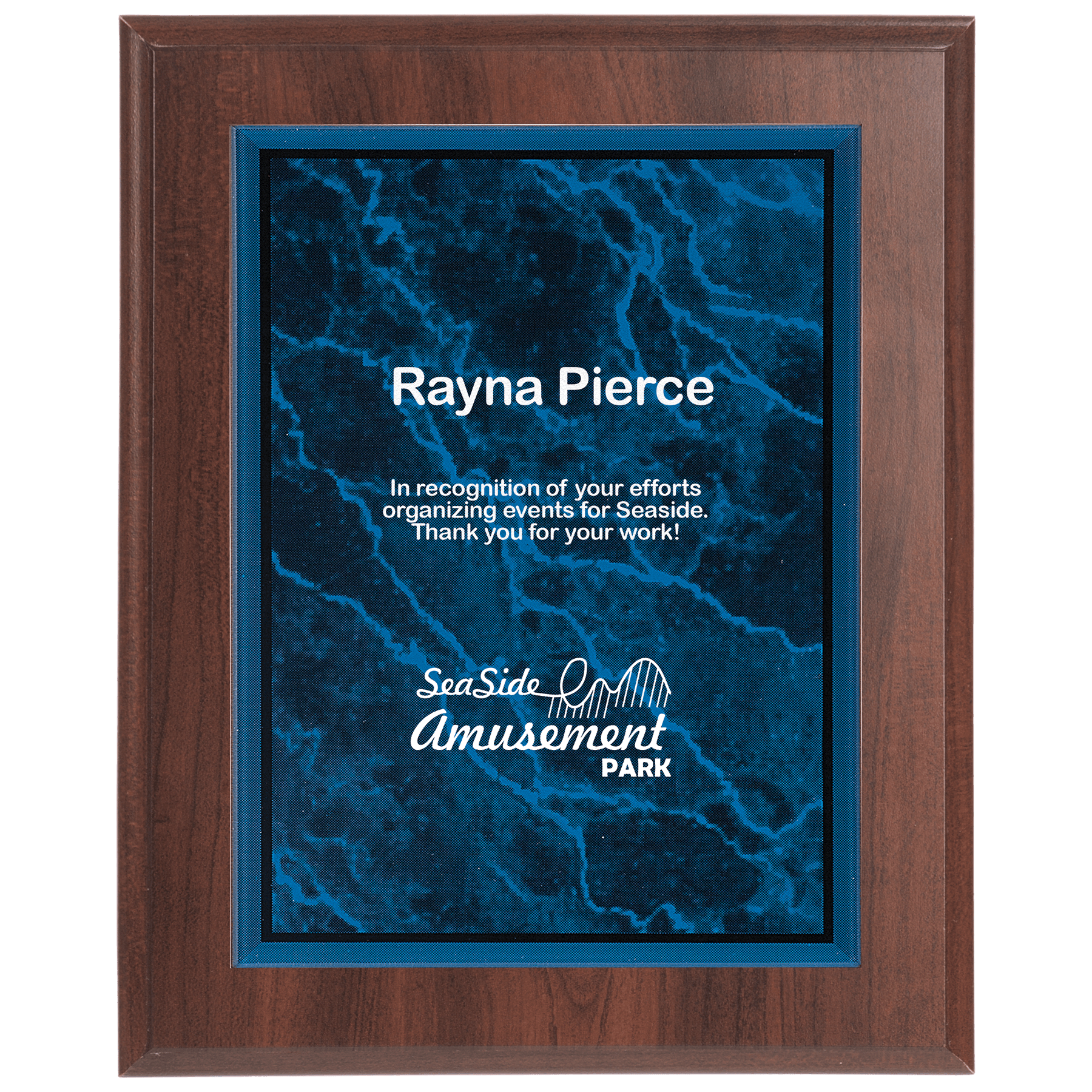 Large Cherry Finish Plaque with Blue Marble Acrylic Plate