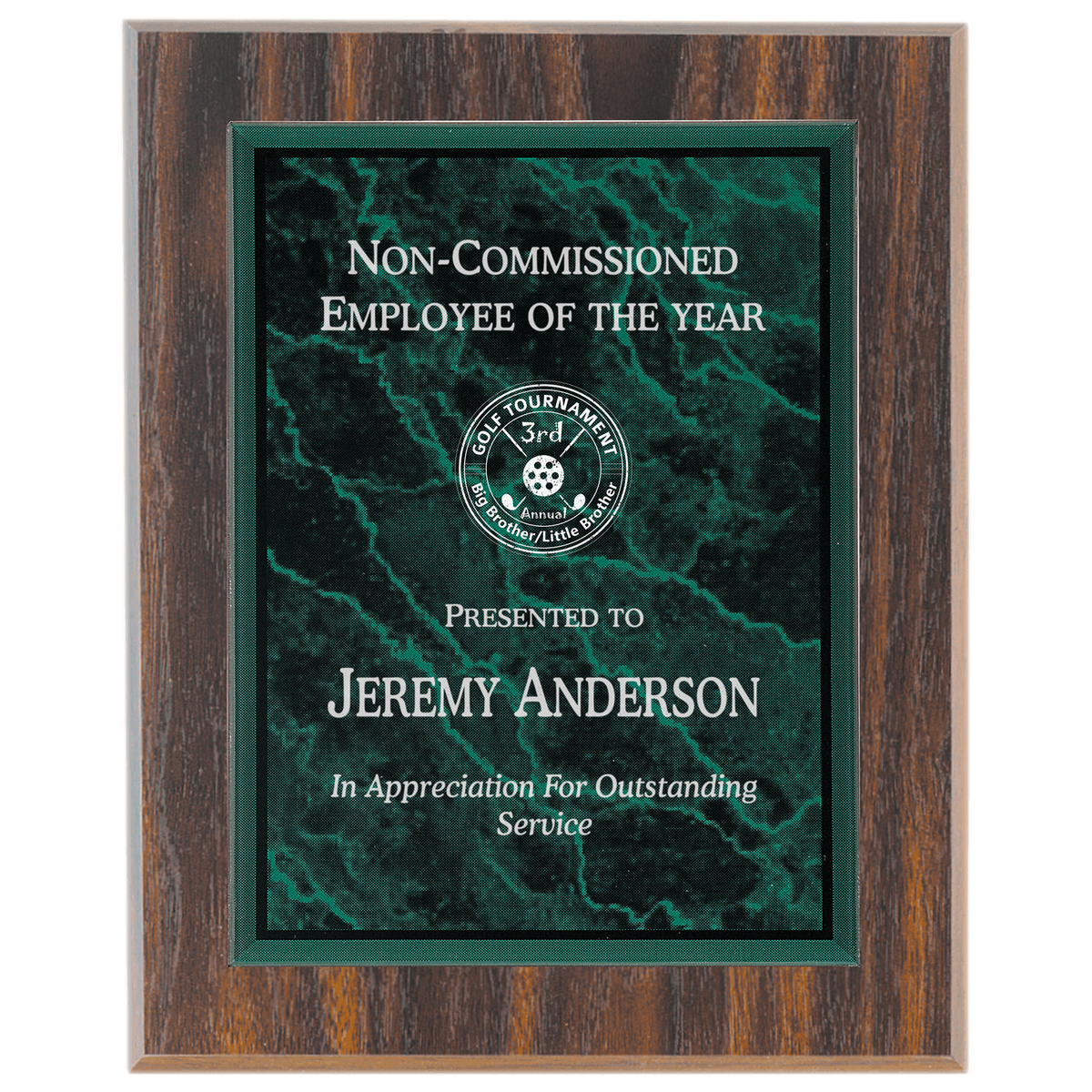 Large Walnut Finish Plaque with Green Marble Acrylic Plaque Plate
