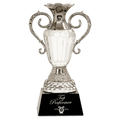 10" Crystal Cup with Silver Metal Handles on Black Pedestal Base
