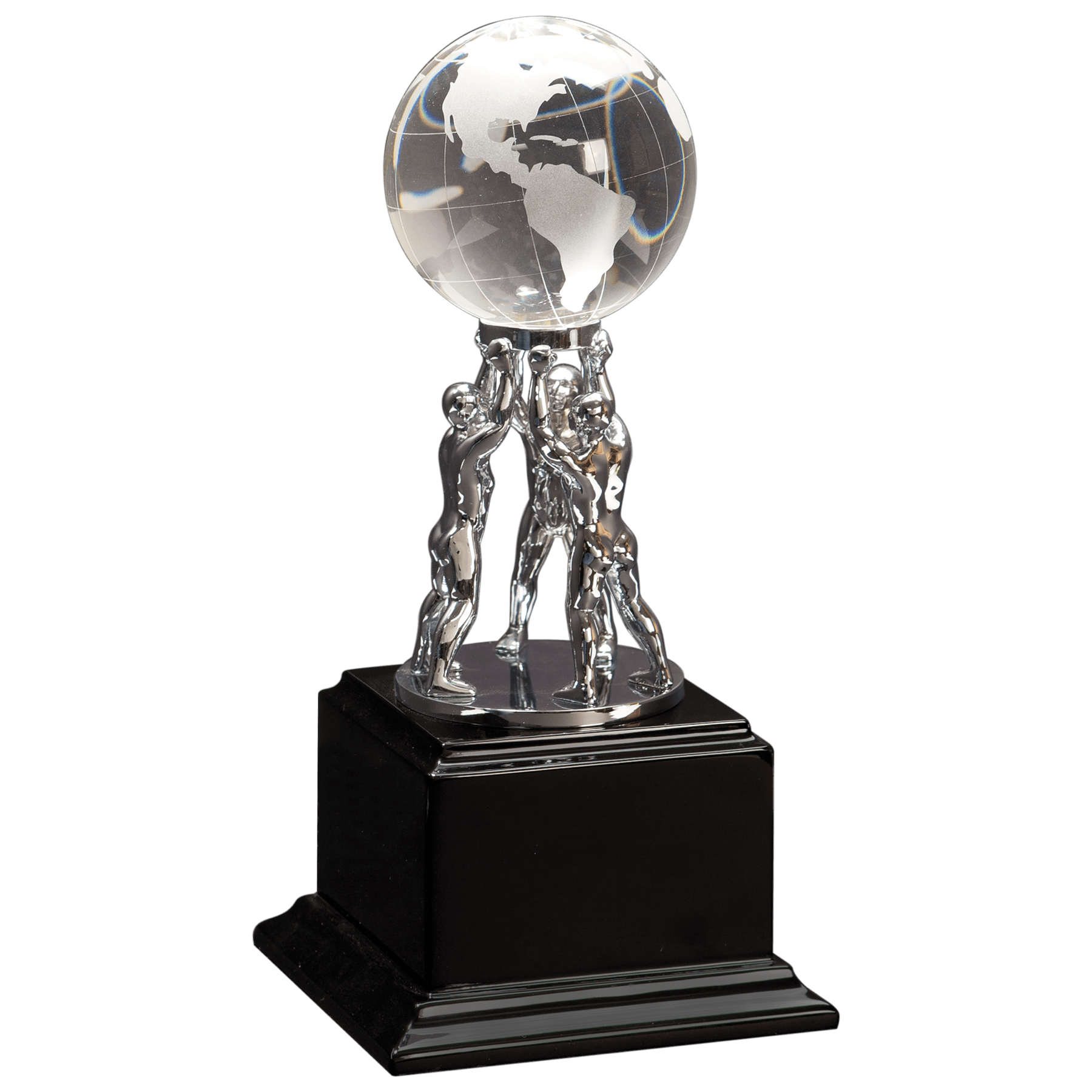 10" Crystal Globe with Silver Men/Stand on Black Piano Finish Base