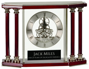Silver 7 1/4" Executive 4-Pillar & Rosewood Piano Finish Clock