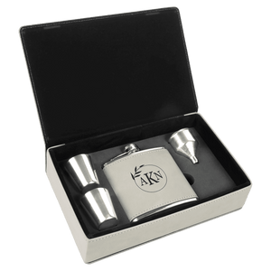 White 6 oz. Laserable Leatherette Flask Gift Set