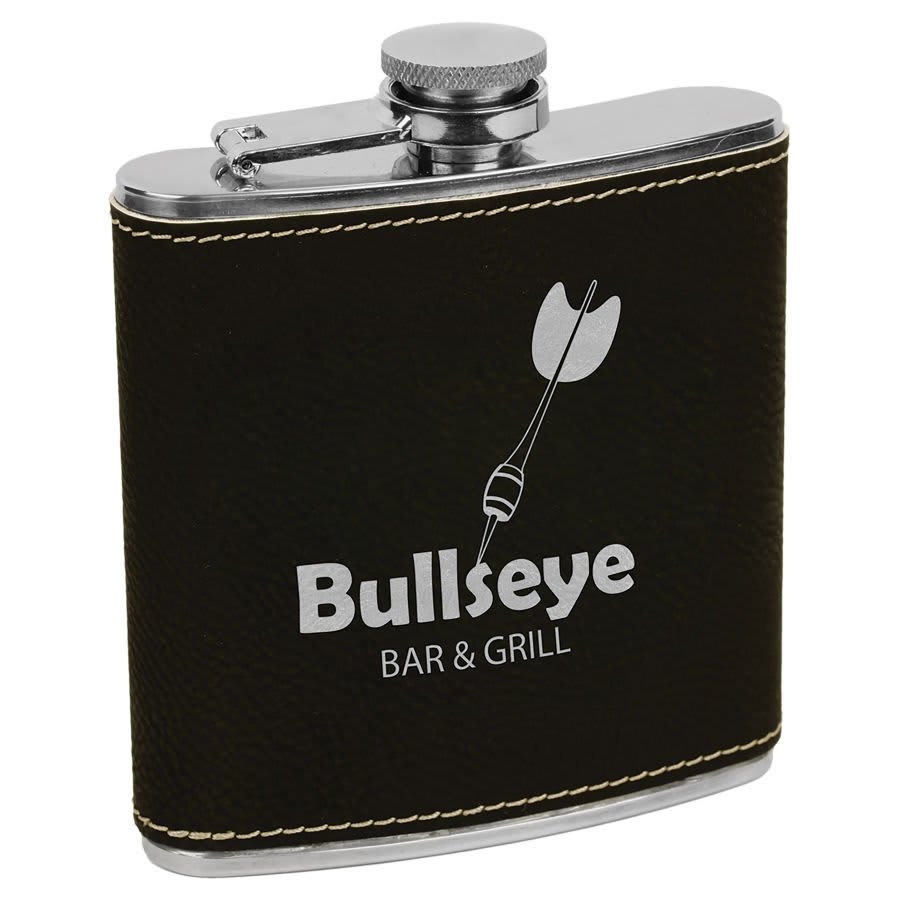 Black/Silver 6 oz. Laserable Leatherette Stainless Steel Flask