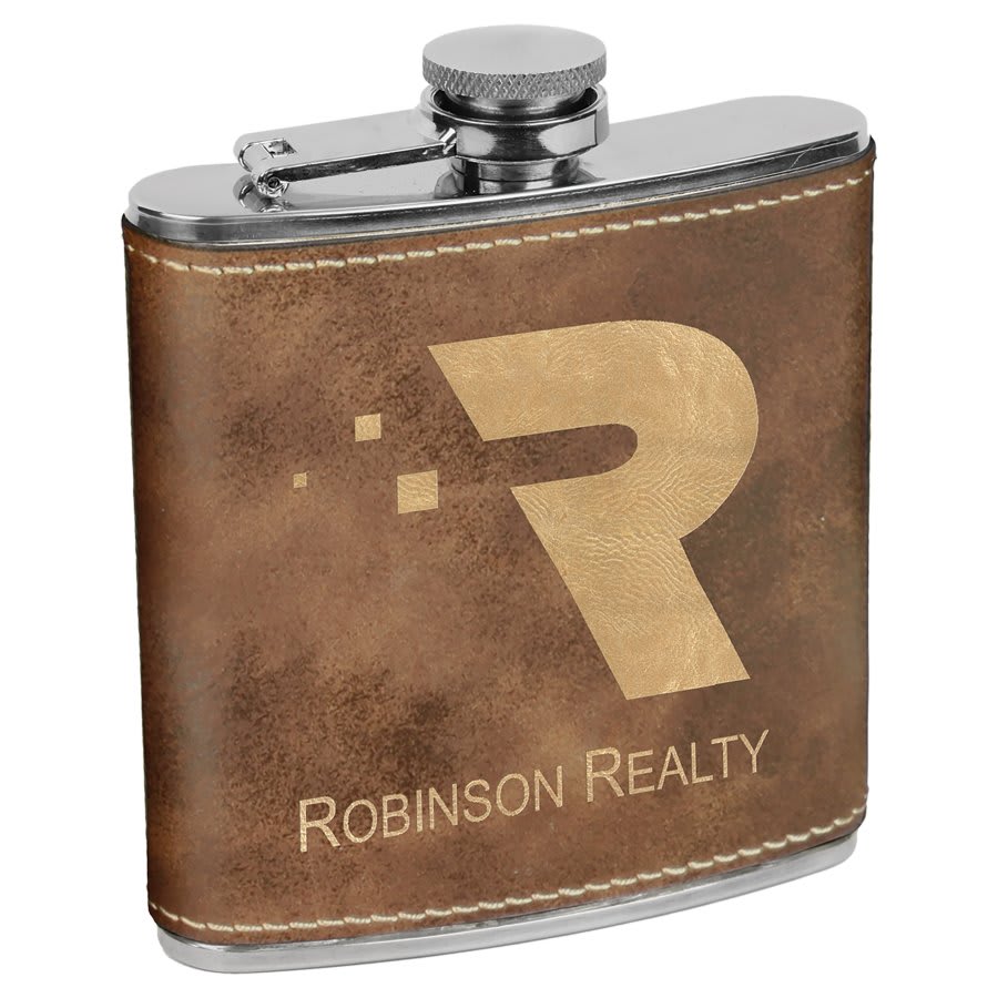 Rustic/Gold 6 oz. Laserable Leatherette Stainless Steel Flask