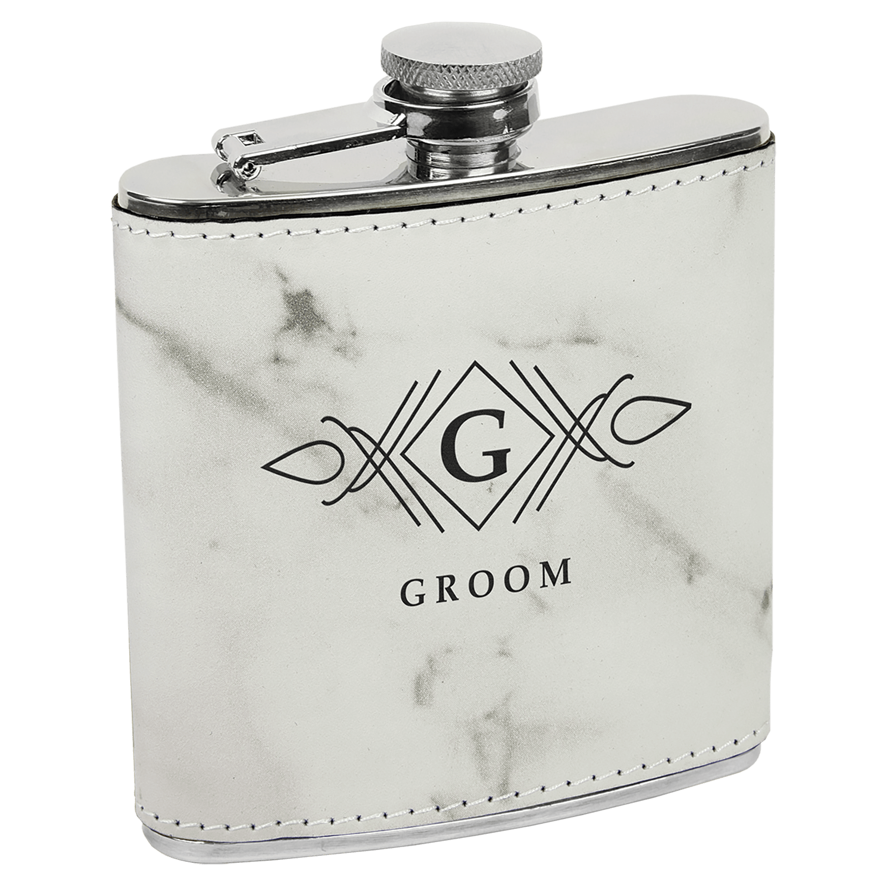 White Marble 6 oz. Laserable Leatherette Stainless Steel Flask