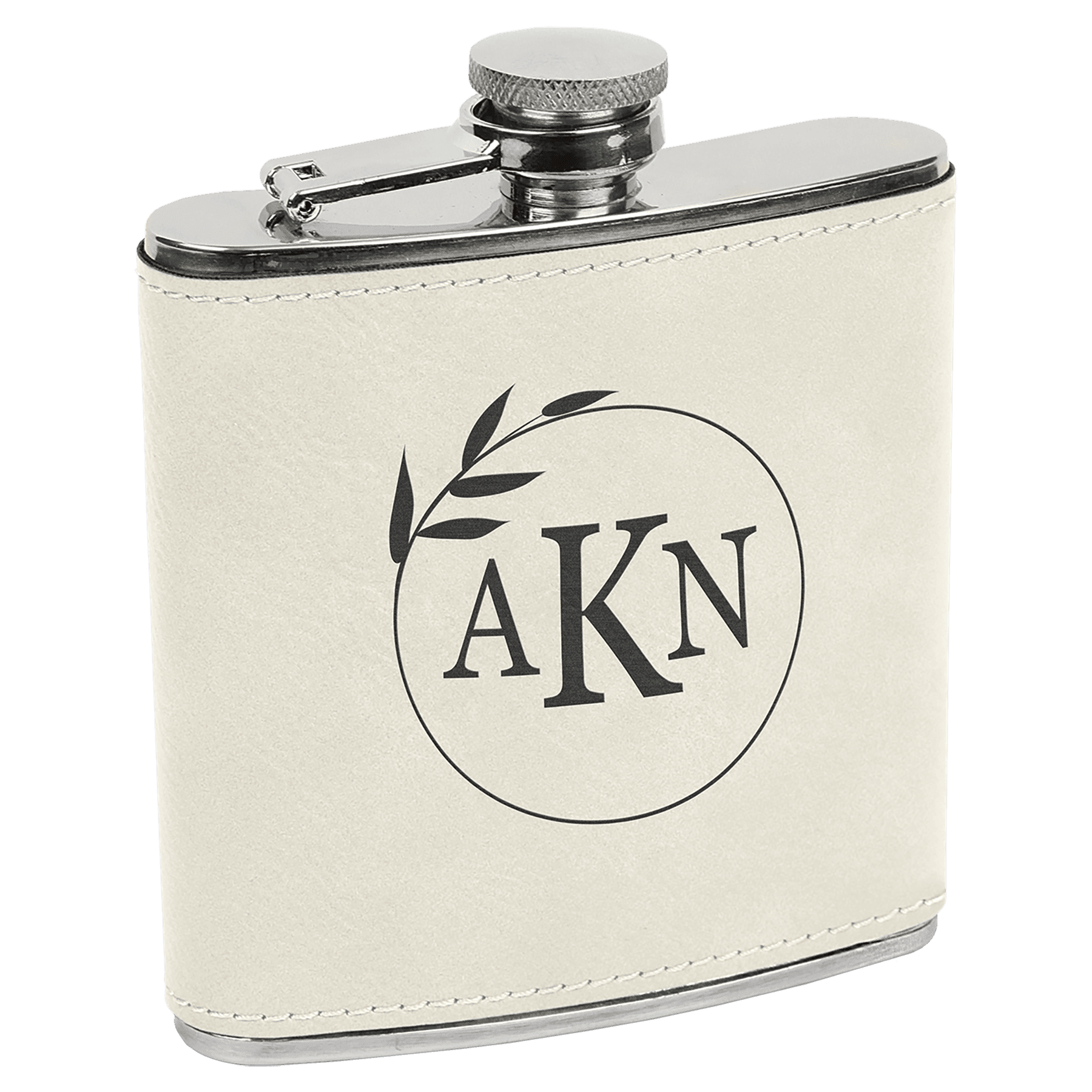 White/Black 6 oz. Laserable Leatherette Stainless Steel Flask