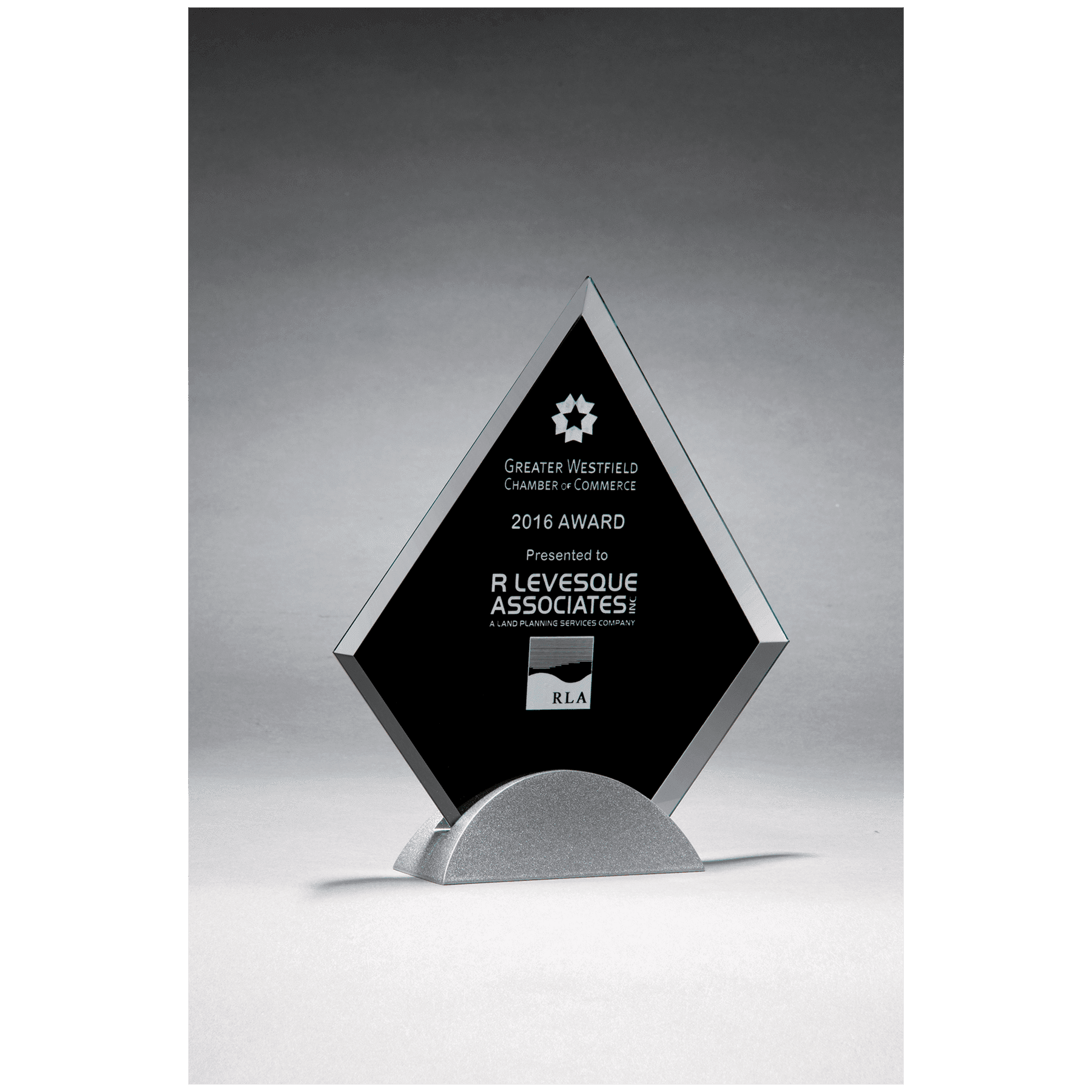 7 1/8" x 8 1/4" Diamond Shaped Glass Award, Black Silkscreen on Silver Metal Base