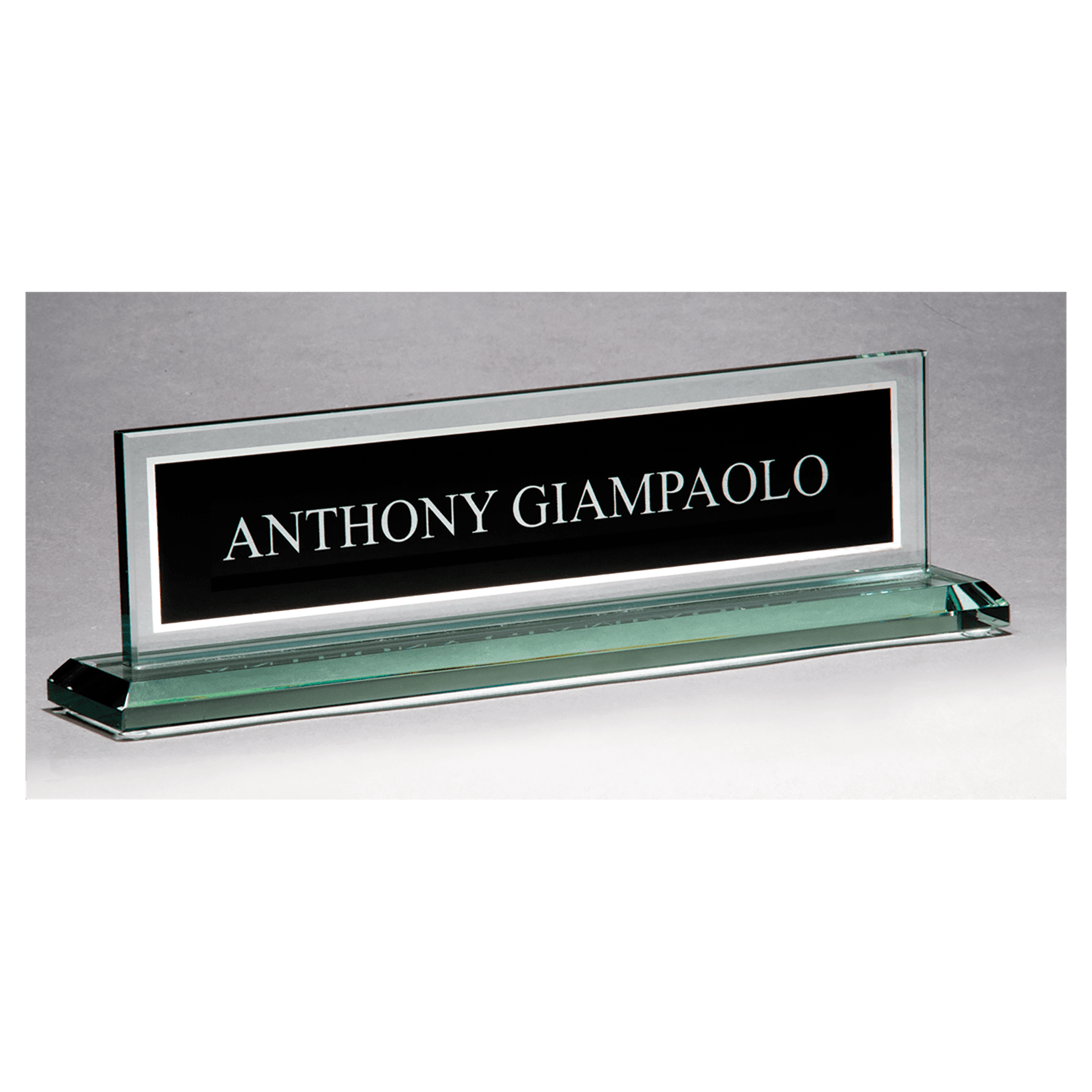 10" x 2 3/4" Glass Name Plate w/Black Silkscreened Engraving Area, Mirror Border