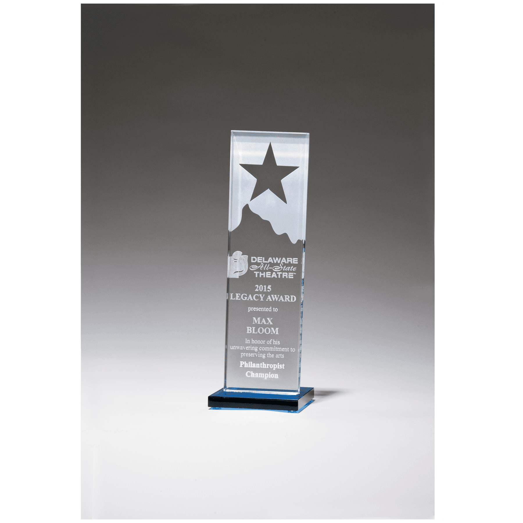 3 1/8" x 9 1/4" Etched Clear Glass Award with Star and Mountain Peak on Blue Glass Base
