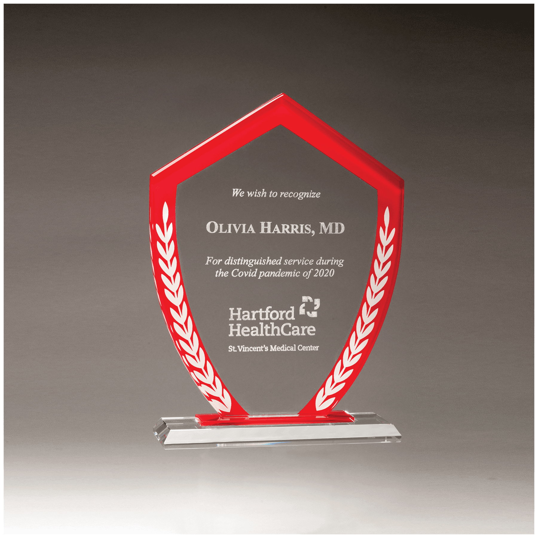 6 5/8" x 8 7/8" Shield Shaped Glass Award with Red Border and White Laurel Leaves