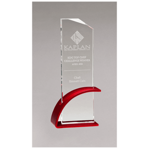 Red Contemporary Clear 3 7/8" x 10 1/8" x 1/2" Thick Glass Award, Arched Base with Matte Metallic Finish