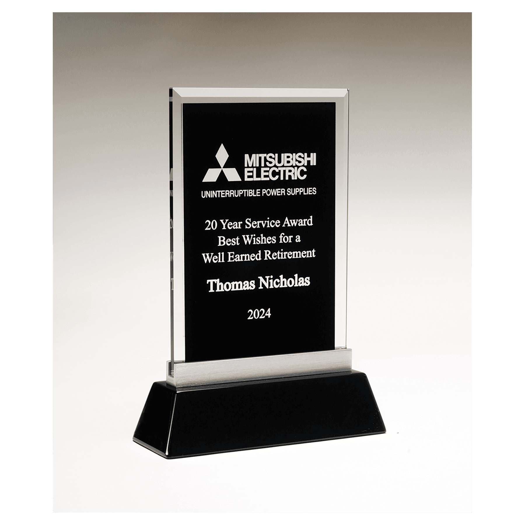 5 1/4" x 8 7/8" Rectangular Black Silkscreened Glass Award with Black Piano Finish Base