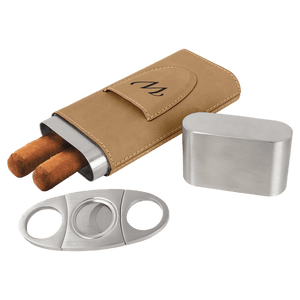 Light Brown Laserable Leatherette Cigar Case with Cutter