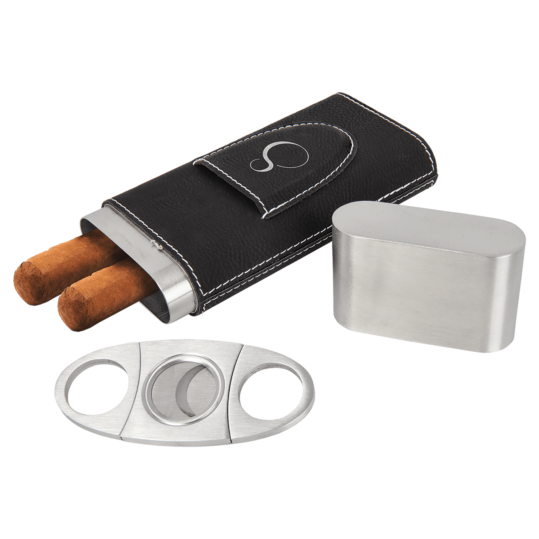 Black/Silver Laserable Leatherette Cigar Case with Cutter