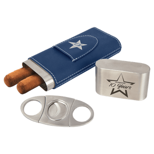 Blue/Silver Laserable Leatherette Cigar Case with Cutter
