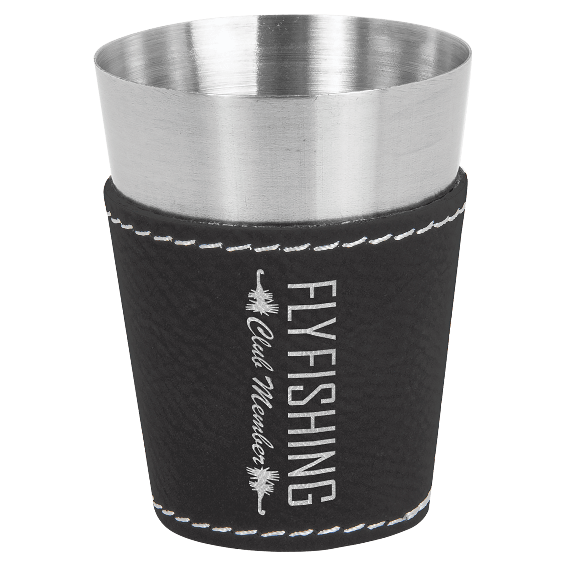 Black/Silver 2 oz. Laserable Leatherette & Stainless Steel Shot Glass