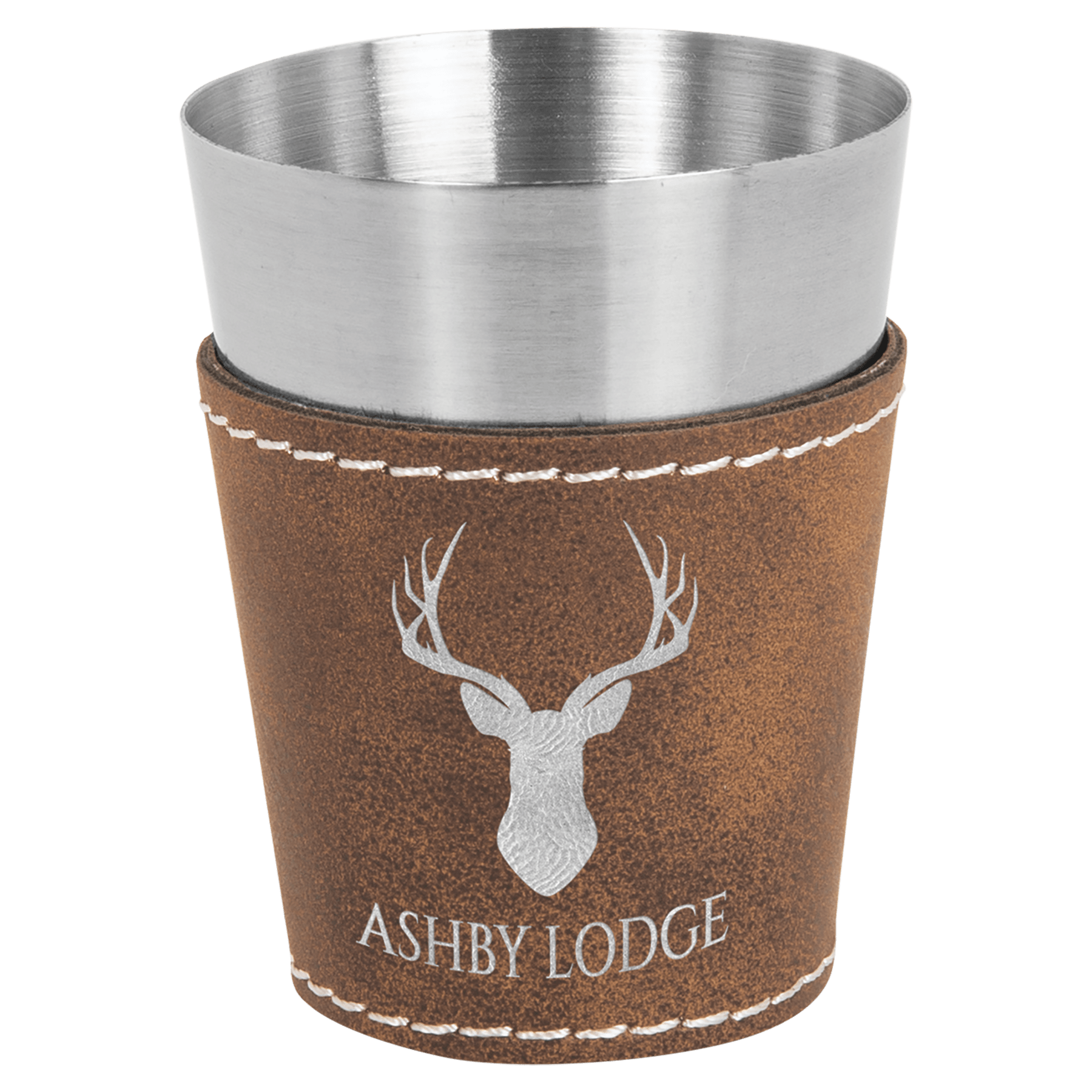 Rustic/Silver 2 oz. Laserable Leatherette & Stainless Steel Shot Glass