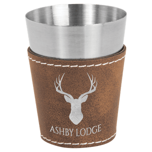 Rustic/Silver 2 oz. Laserable Leatherette & Stainless Steel Shot Glass