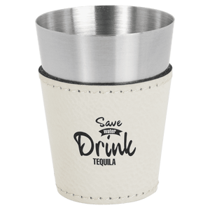 White 2 oz. Laserable Leatherette & Stainless Steel Shot Glass