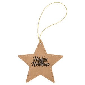 Light Brown Gold Laserable Leatherette Star Ornament with String