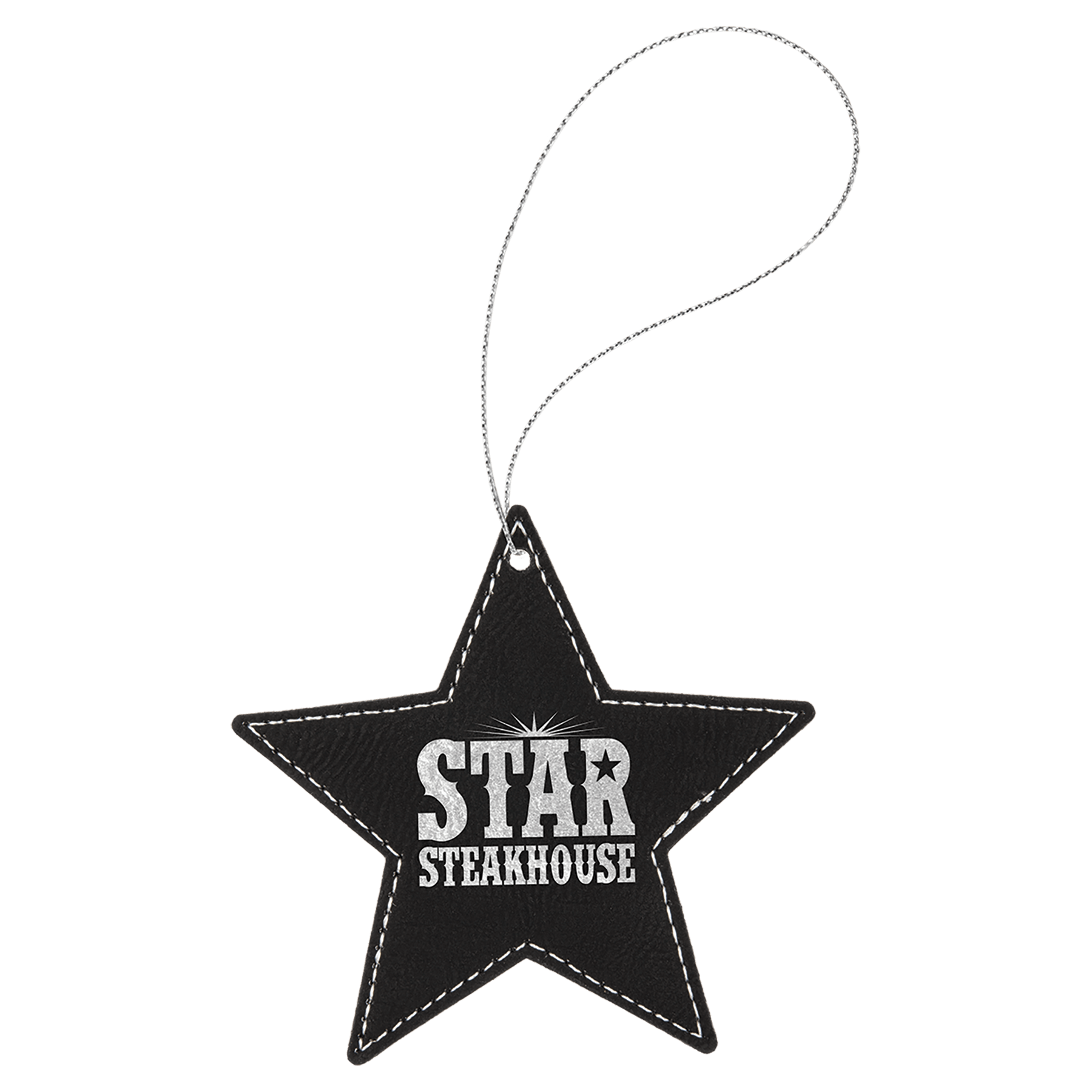 Black/Silver Silver Laserable Leatherette Star Ornament with String