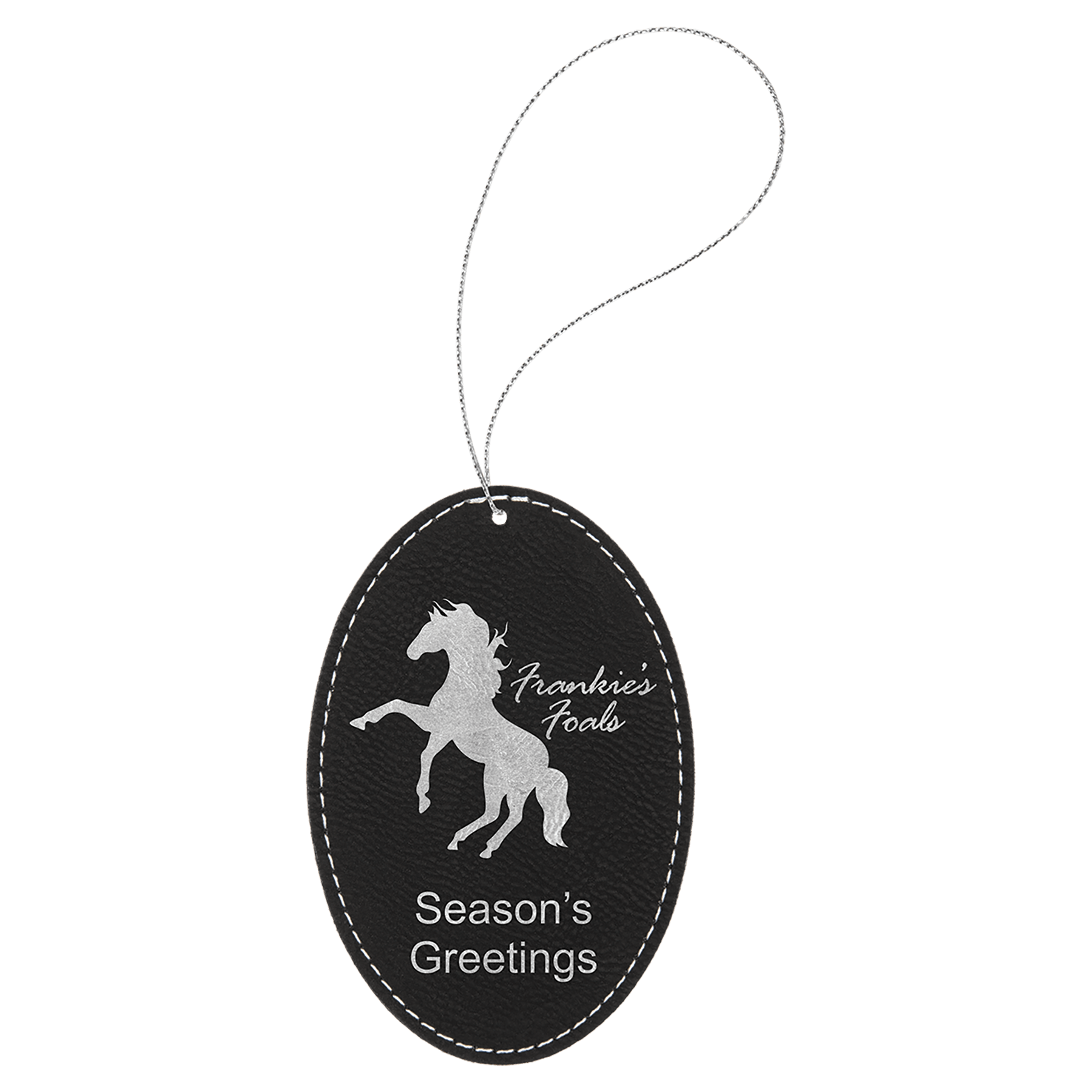 Black/Silver Silver Laserable Leatherette Oval Ornament with String