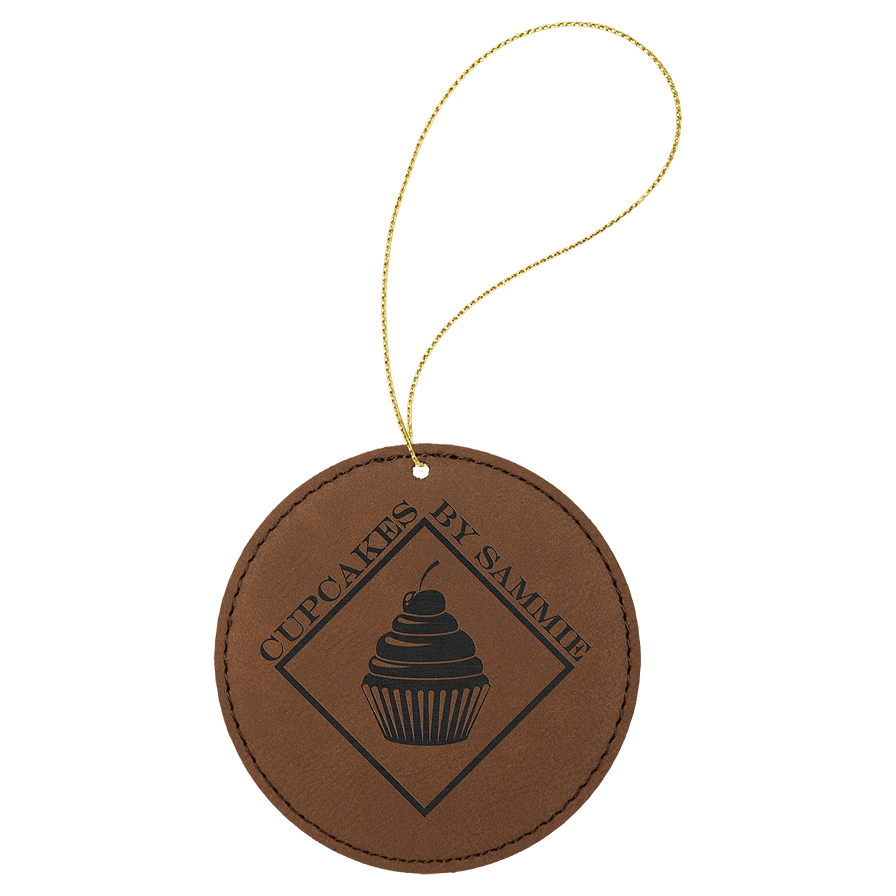 Laserable Leatherette Round Ornament with Gold String
